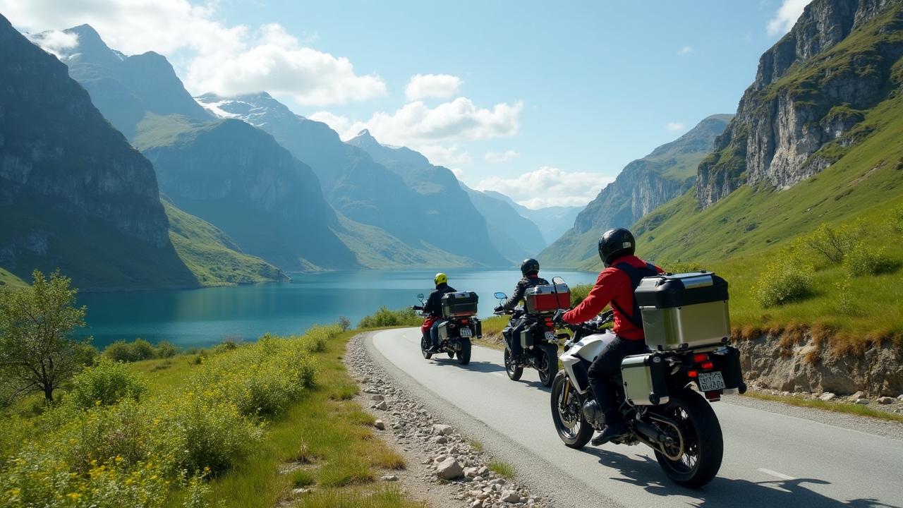 Motorsykler kjører langs norsk fjordlandskap om sommeren