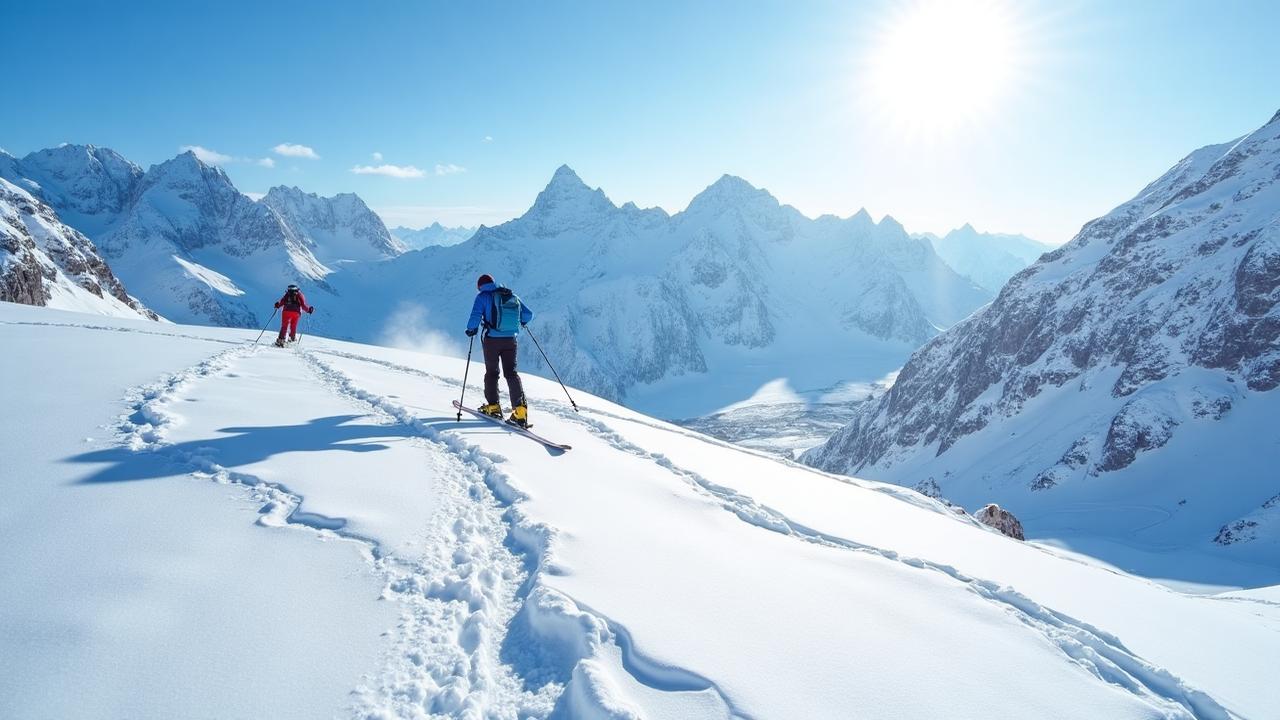 Skiløper på vei opp snødekt fjelltopp i Norge